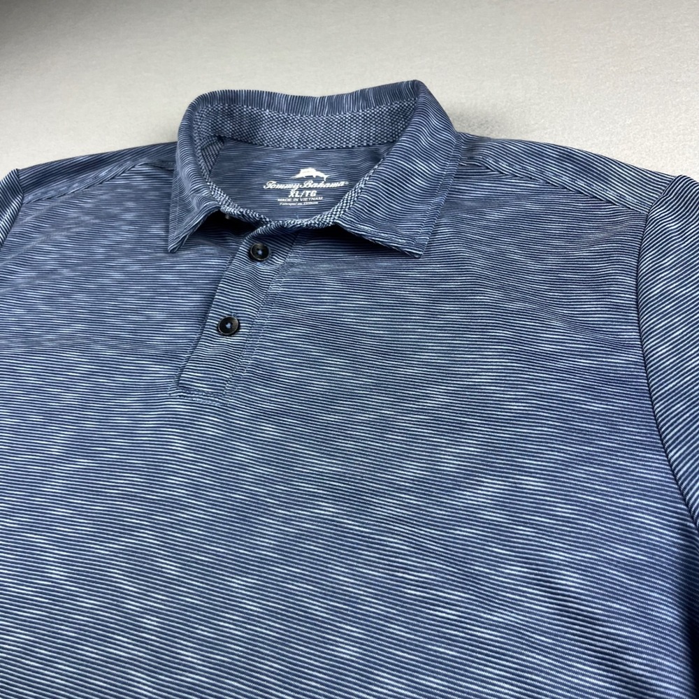 Tommy Bahama Mens XL Blue Striped Tencel Blend Short Sleeve Polo Shirt